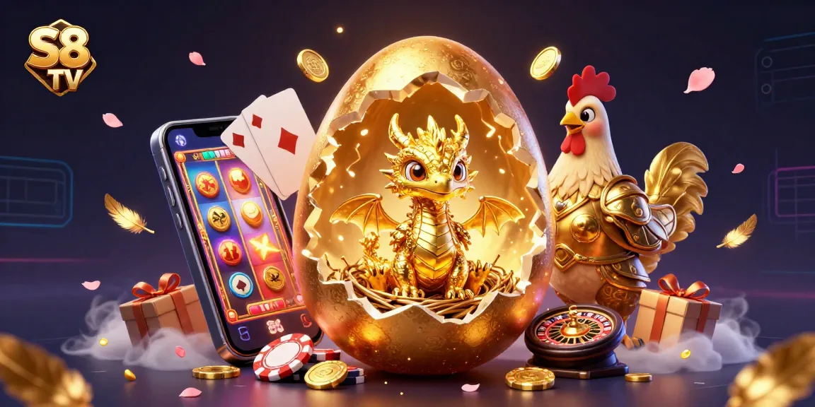 S8 TV: Enjoy vibrant poker chip scenes with a golden dragon and exciting slot games.