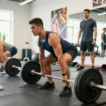 Anabolika Shop - Bodybuilder beim Krafttraining im Fitnessstudio, umrahmt von Sportausrüstung und Freunden.
