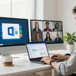 Effiziente Nutzung des Office 2024 Komplettpakets mit Outlook kaufen in einem modernen Arbeitsplatz mit Laptop und Teammeetings.