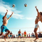 Aktive Beachvolleyball-Spieler am https://thebeachvolleyballcamps.com/ Strand, lebendige Atmosphäre und Wettbewerb.