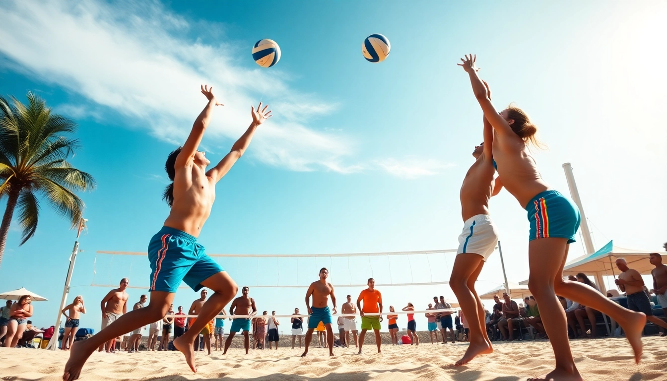 Aktive Beachvolleyball-Spieler am https://thebeachvolleyballcamps.com/ Strand, lebendige Atmosphäre und Wettbewerb.