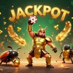 Join the thrilling action at ee88, where a victorious beetle lifts a poker chip amidst a vibrant gambling arena.