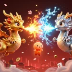 Engage in high-stakes gaming with 33win's vibrant scene featuring dragon companions and casino elements.