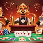 Experience fun at s8 casino with lively hyenas performing as bartender, comedian, and bouncer in a vibrant 3D scene.