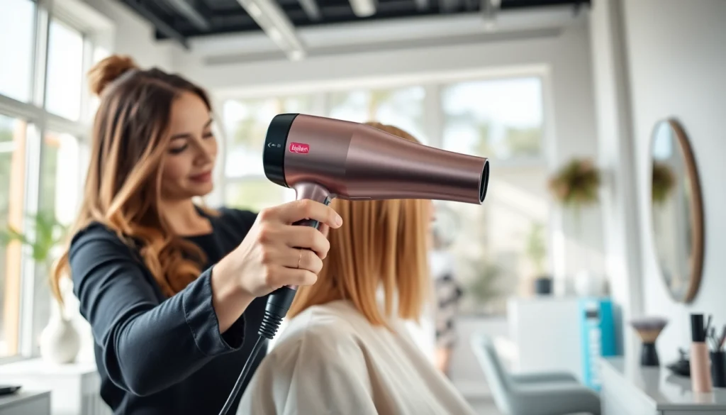 Verwenden des laifen föhn für perfekte Frisuren im modernen Friseursalon.