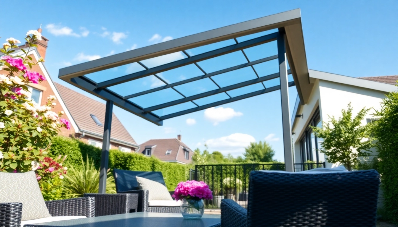 Terrassenüberdachung Duisburg im modernen Design mit eleganten Materialien in einem Garten. related image