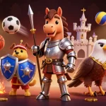 Experience thrilling play at mv66 with a knight, squire, and falcon amidst dynamic sports and gaming elements.
