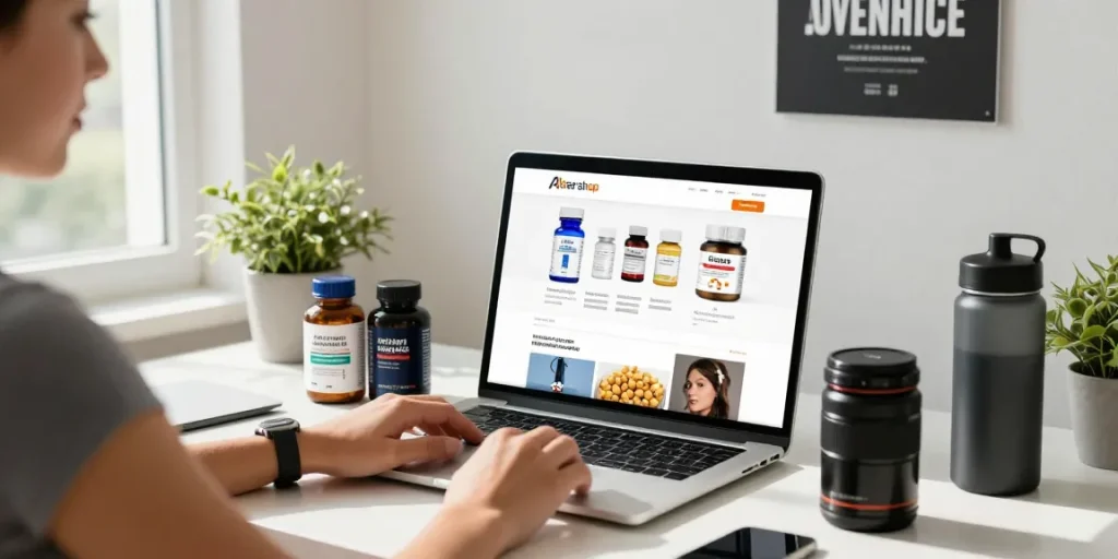Aktiver Raum mit Laptop, Astera Shop Produkte und Fitnesszubehör.