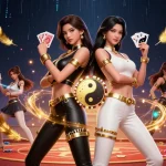 Experience thrilling gameplay at cm88 with stunning twin Asian women showcasing their cards in this vibrant casino illustration.