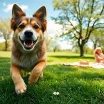 pawsometime Hund spielt fröhlich im Park mit einer Familie im Hintergrund.