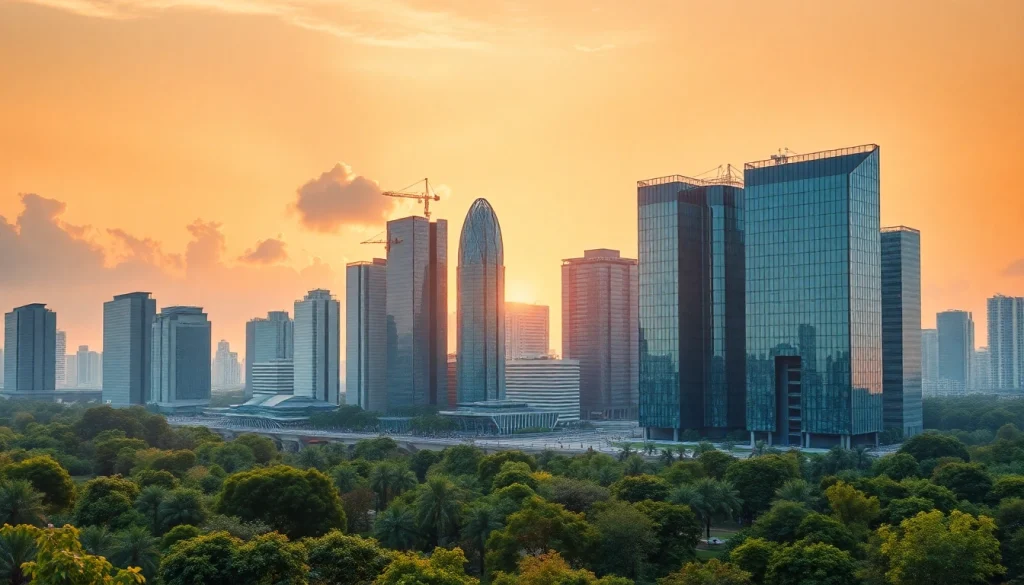 Architektur visualisierung einer modernen Stadtlandschaft mit einem lebendigen Park und futuristischen Gebäuden.