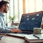 Webentwickler Hannover arbeitet in modernem Büro mit Laptop und technischen Diagrammen.
