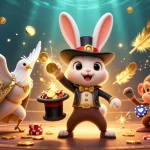 Experience llwin's thrilling magic with a captivating 3D illustration of a magician rabbit, dazzling dove, and playful monkey in a vibrant casino scene.