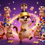 nk88 meerkats managing a bustling casino with sparkling gems and coins, showcasing vibrant gambling action