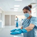 Hygiene wird von einem Reinigungsteam in einem Krankenhaus gepflegt und betont Sauberkeit.