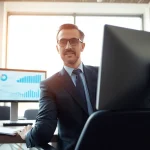 Tarifvergleich mit einem Finanzberater in modernem Büro, der Daten analysiert.