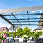 Terrassenüberdachung Duisburg im modernen Design mit eleganten Materialien in einem Garten.