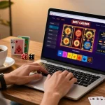Beef Casino Spieler genießt das Online-Gaming auf einem Laptop in einem modernen Zuhause.