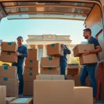 Berlin Umzugsunternehmen team efficiently packing boxes into a moving van in a lively urban setting.