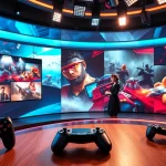 Aktuelle Gaming News in einem professionellen Übertragungsstudio mit dynamischen Displays.