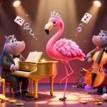 Experience joyous gaming at 98win with a lively flamingo singer and hippo bassist amidst vibrant casino elements.