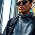 Moderne techwear Bekleidung in urbaner Umgebung präsentiert, Farbtöne und Stil betonen die Ästhetik.