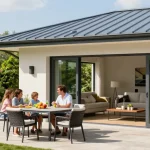 Moderne Terrassenüberdachungen in stilvollem Garten mit Familie im Freien.