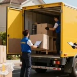Umzugsunternehmen Ludwigshafen: Professionelle Möbelpacker beladen einen Umzugstruck in einer urbanen Umgebung.
