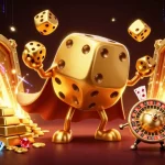 Play exciting casino games with kuwin's vibrant gold dice golem illustration.