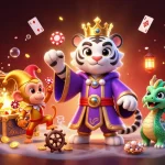 Experience the excitement of zoccer casino with 3D characters, poker chips, and treasures in a vibrant scene.