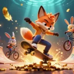 Experience the thrilling qs88 action as a fox performs tricks over golden poker chips in a vibrant casino scene.