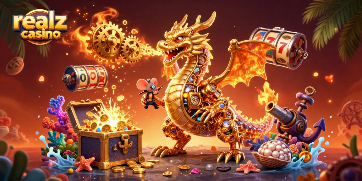 Experience the excitement of realz casino through a vibrant 3D scene with rich gaming elements.