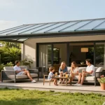 Freistehende Terrassenüberdachung im Garten mit Familie, sonnig und einladend.
