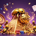 Spin to win with Sun win at this vibrant casino-themed 3D illustration featuring golden beetles and gems.