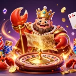 FLY88 showcases a golden crab emperor amidst cascading coins and poker elements in an exciting casino environment.