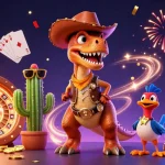 Experience thrilling gaming with rg8369 featuring a vibrant scene of a cowboy T-Rex and friends in a casino!