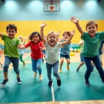 Hier mehr erfahren ueber begeisterte Kinder, die Bewegungsspiele in der Turnhalle spielen.