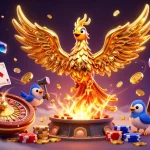 Experience thrilling moments with Jun888 in this vibrant casino illustration featuring a golden phoenix.