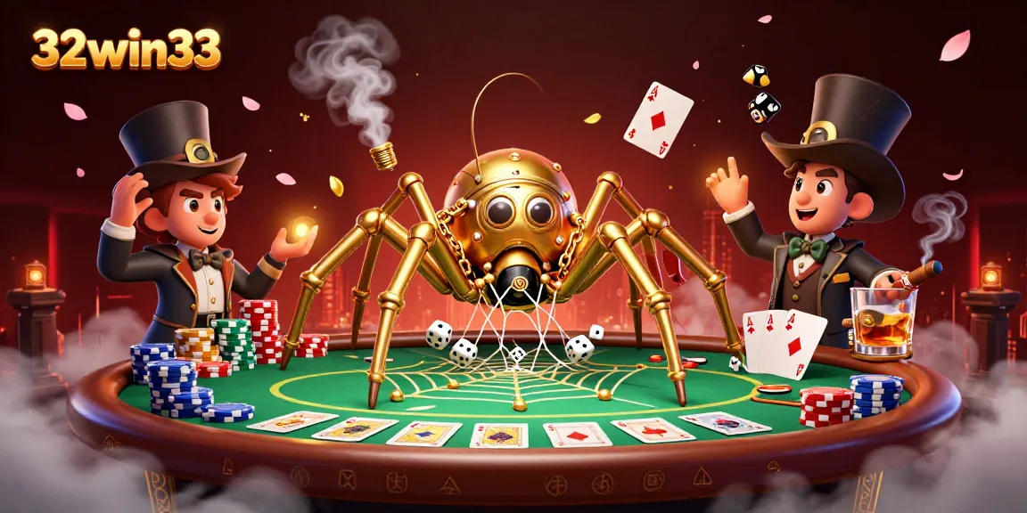 Engage with thrilling gaming at 32win33 as a golden spider catches dice in an intricate web of luck.
