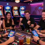 Keberhasilan bermain Slot783 yang menggembirakan dengan teman-teman di ruang permainan modern, suasana penuh semangat dan tawa.
