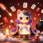 Win big with ea88 at this dynamic casino scene featuring a mystical feline and fortune-telling raven.
