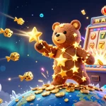 kkwin3 offers thrilling online gaming experiences with a constellation bear scooping up coins, surrounded by vibrant casino elements.