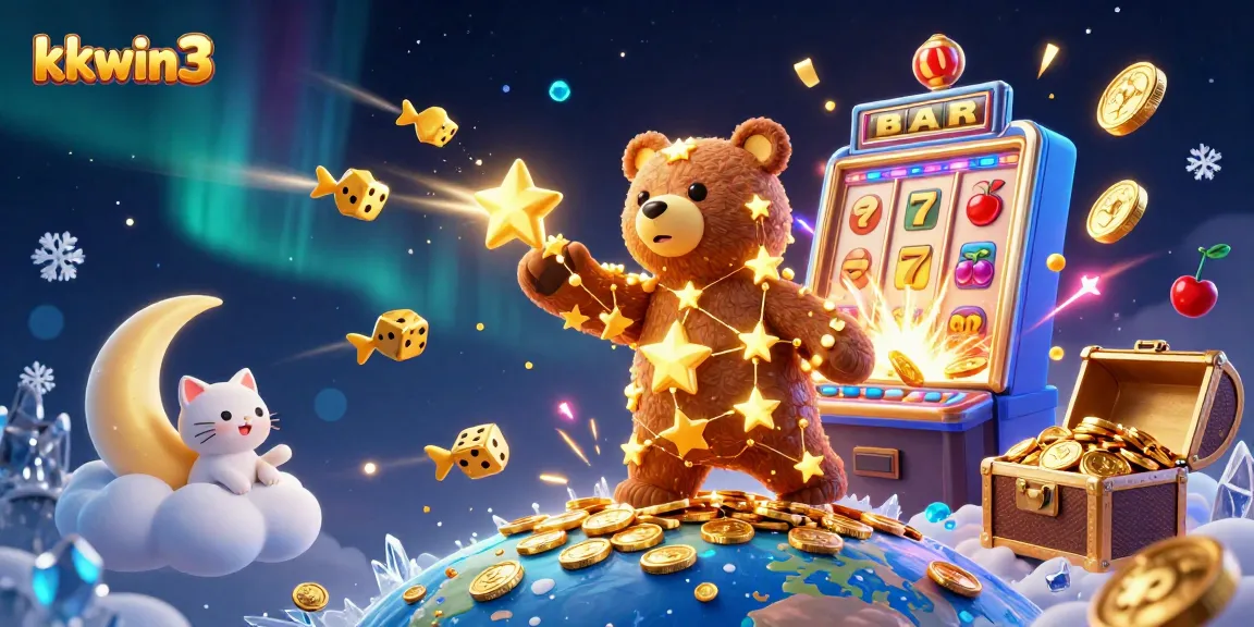 kkwin3 offers thrilling online gaming experiences with a constellation bear scooping up coins, surrounded by vibrant casino elements.