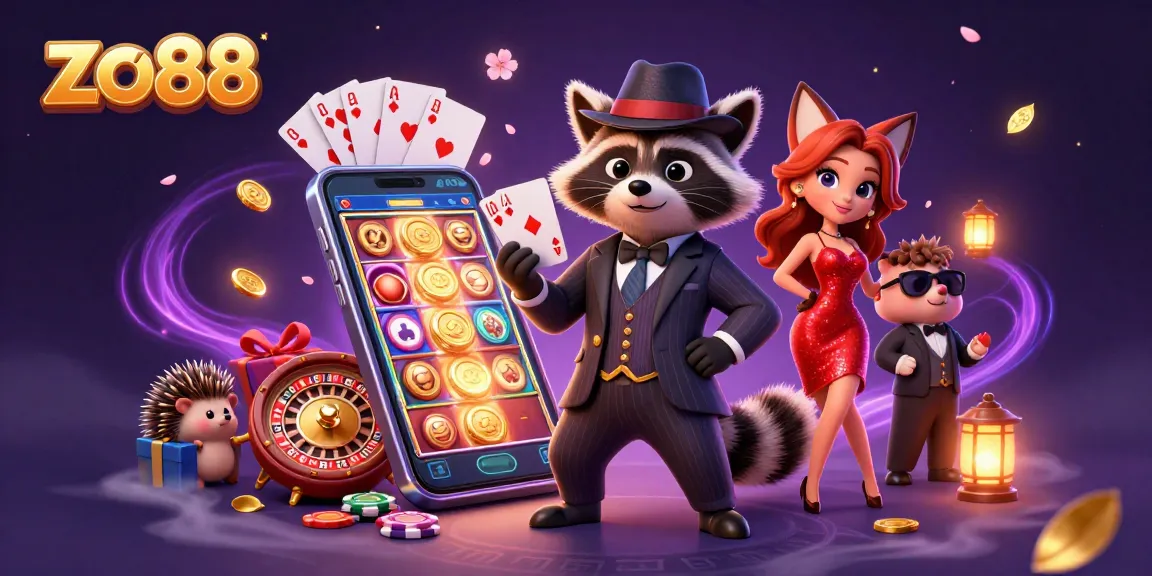 Experience thrilling gaming at zo88 with a raccoon in a pinstripe suit and a charming fox at a casino scene.