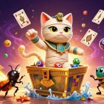 Win big at DA88 with a vibrant scene of an Egyptian mummy cat and lucky symbols in a pyramid casino.