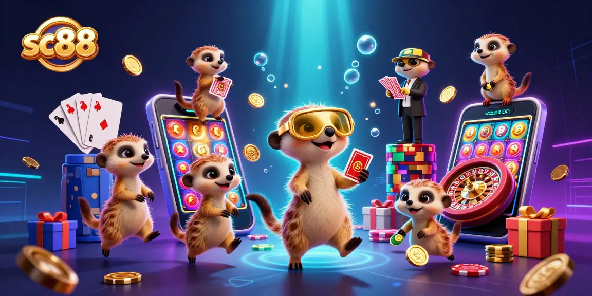 Experience excitement at sc88 with cartoon meerkats managing a lively casino operation, showcasing games and fun.