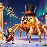 Experience exciting nổ hũ action with a golden tarantula and a beetle knight in a vibrant casino scene.