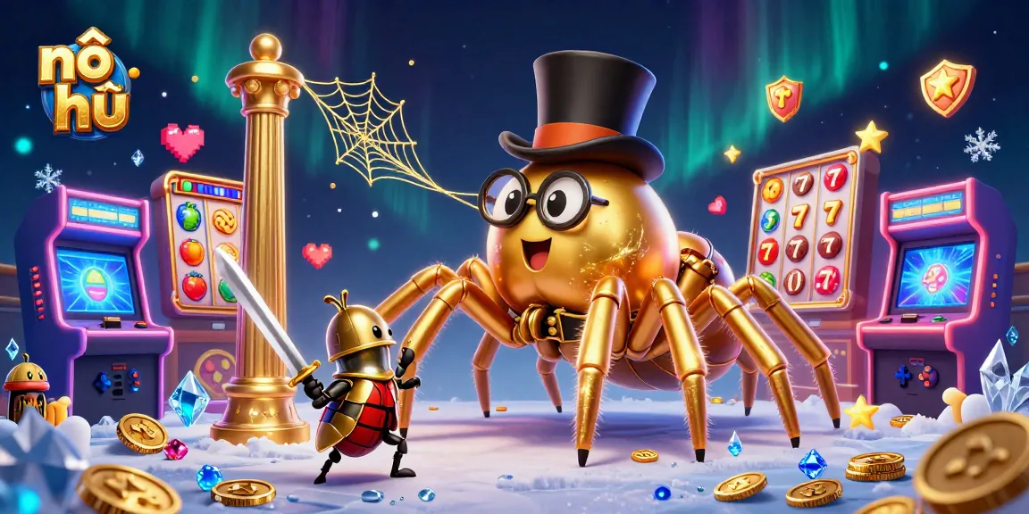 Experience exciting nổ hũ action with a golden tarantula and a beetle knight in a vibrant casino scene.