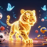 Experience the thrilling digital adventure of 88vbet with a golden tiger and dynamic sports elements.