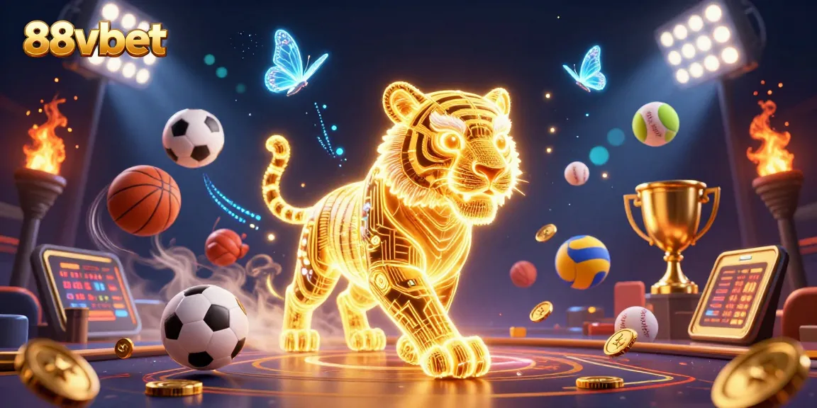 Experience the thrilling digital adventure of 88vbet with a golden tiger and dynamic sports elements.